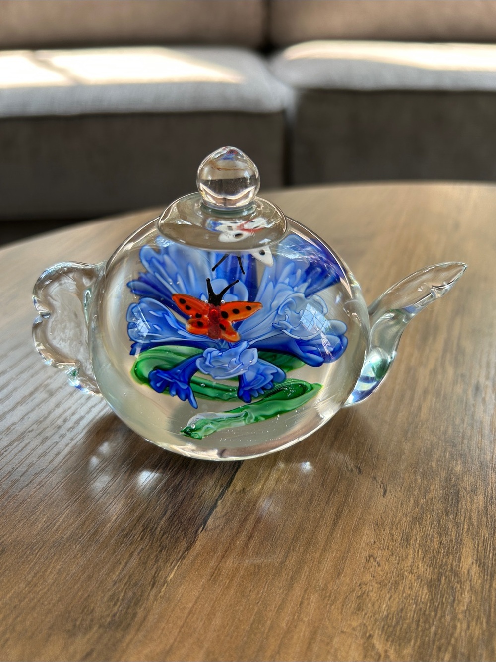 Hand-Blown Glass Teapot Paperweight with Blue Flower and Two Butterflies